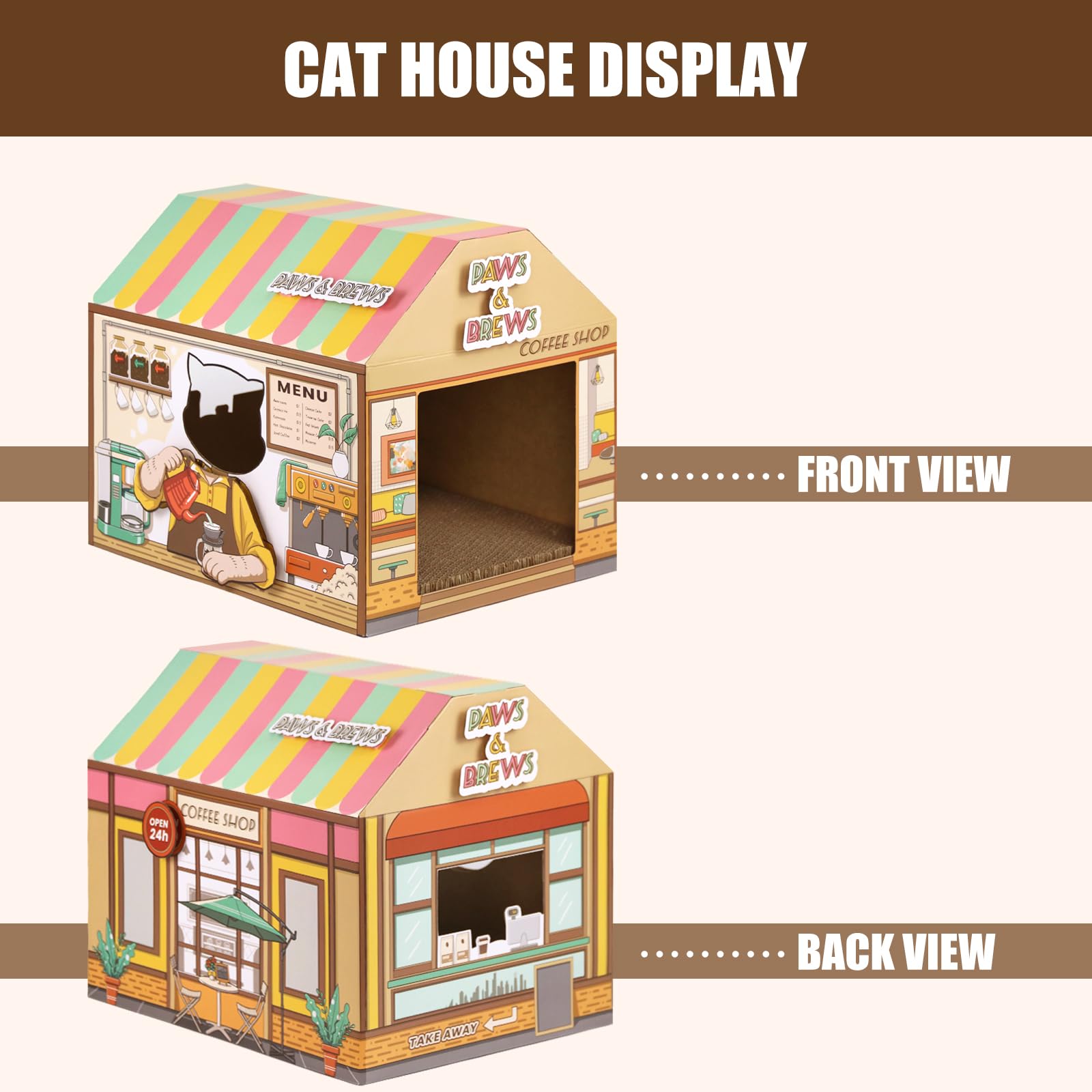 Sekam Cardboard Cat House With Scratcher/Catnip,(16.5'X12'X15') Kitty Coffee Shop For Indoor/Outdoor Cats,Cat Play House&Home